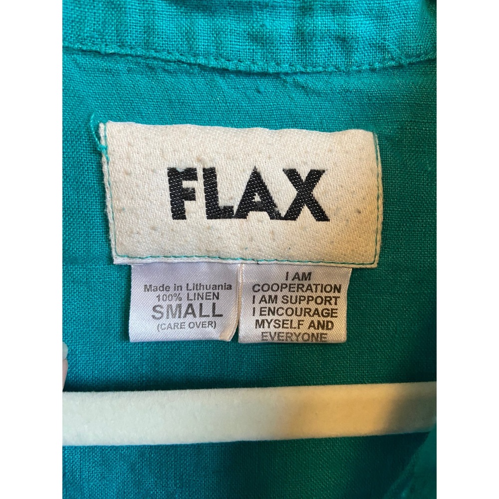 Flax 100% Linen Button Down Shirt Teal Green Long Sleeve Small Oversized 9207 - Picture 2 of 5